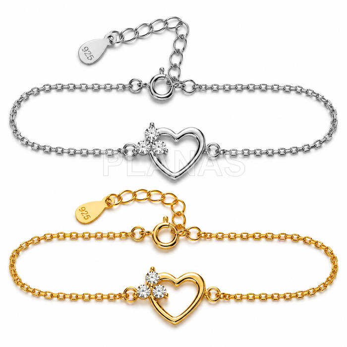 Pulseira de prata esterlina com zircônia. coração.