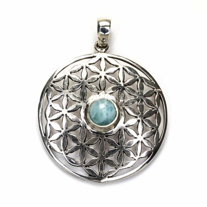 Sterling silver and larimar pendant. flower of life.
