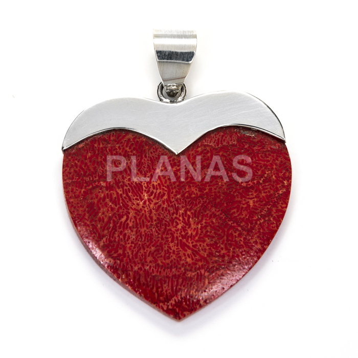 Sterling silver and coral pendant. heart.