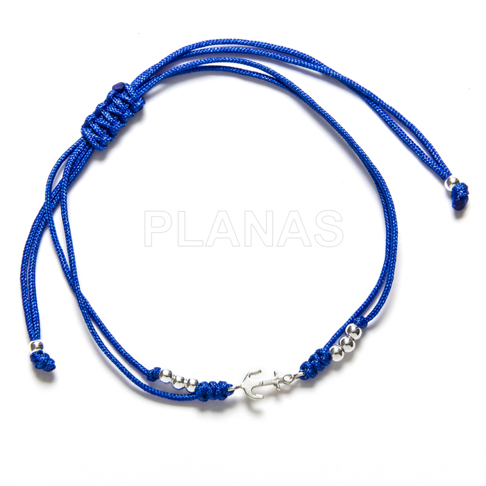 Blue macramé bracelet in sterling silver. anchor. 