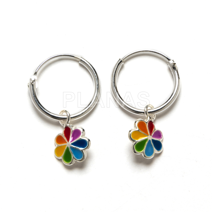 Argolas de prata esterlina e esmalte. flor. 