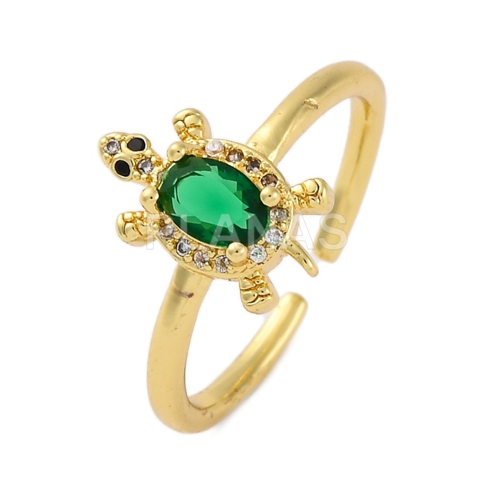 Anillo en Latón y Baño Oro con Circonita verde. TORTUGA. 