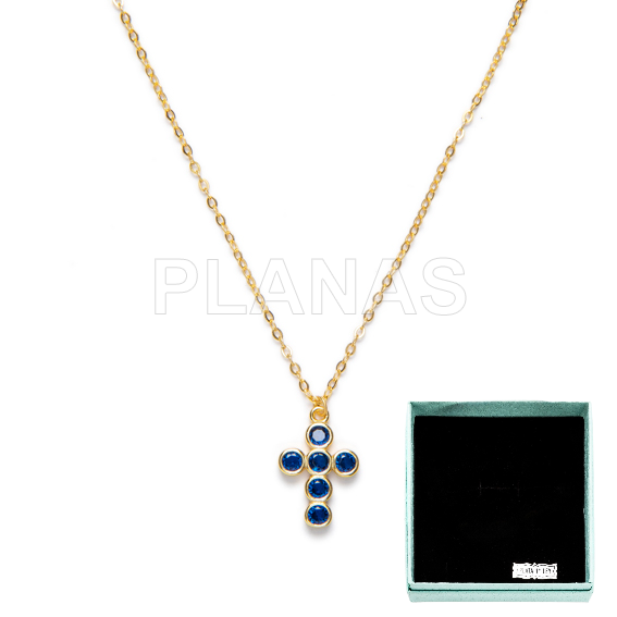 Colgante en Plata de ley y Baño Oro con Circonitas azules. CRUZ.