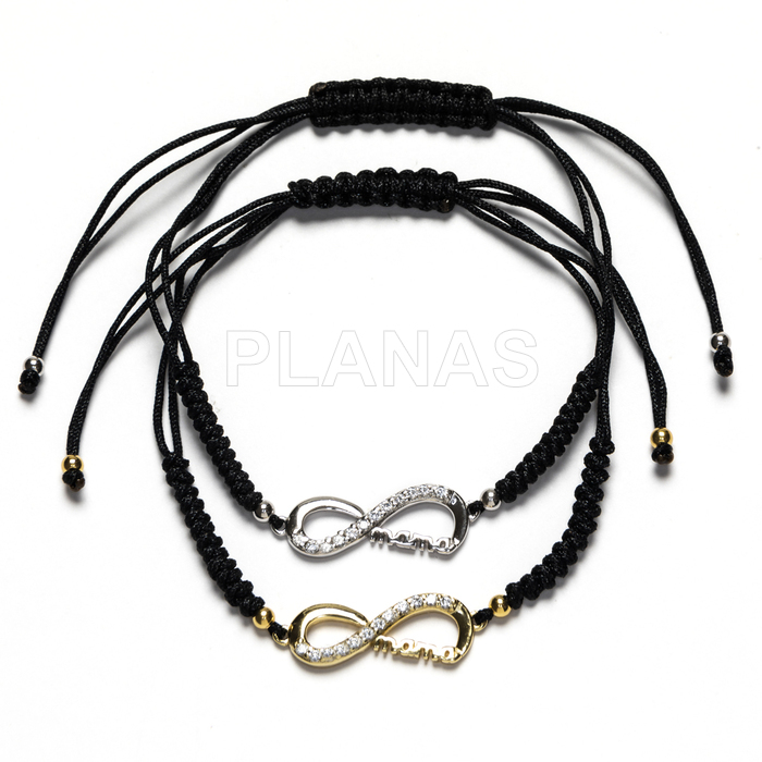 Pulsera macramé en Plata de ley y cordón negro. INFINITO/MAMA.