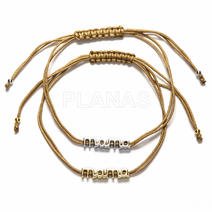 Pulsera macramé en Plata de ley y cordón en beig.MAMA.