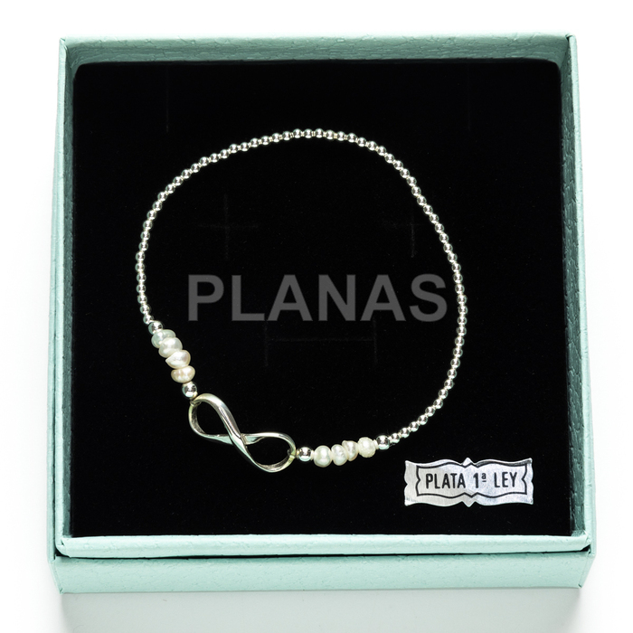 Pulsera elástica en Plata de ley y  Perlas cultivadas.INFINITO.