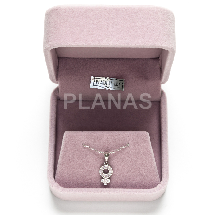 Colgante en Plata de ley Rodiada y Circonitas Rosas. SIMBOLO MUJER.