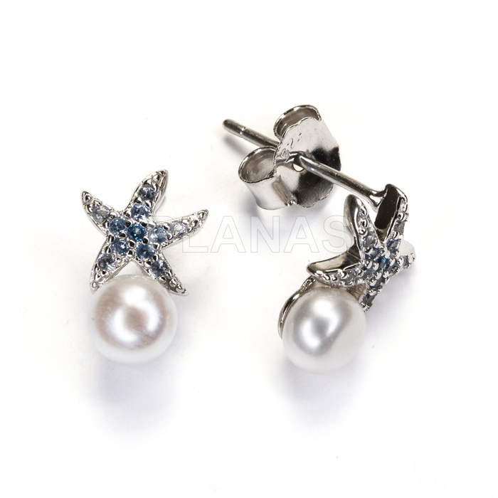 Pendientes en Plata de ley Rodiada y circonitas con perla cultivada. ESTRELLA DE MAR. 