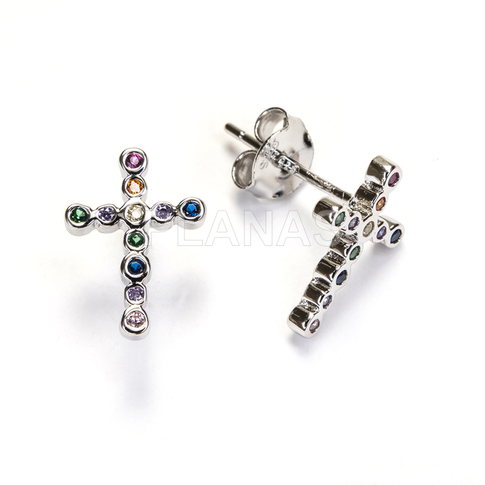 Pendientes en plata de ley Rodiada y Circonitas. CRUZ.  
