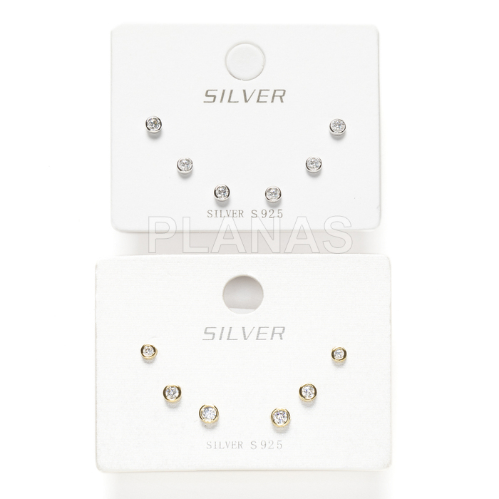 Display de 3pr de Pendientes en Plata de ley y Circonitas. MONTURA RUSA. 