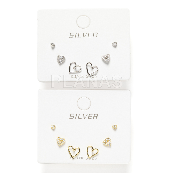 Display de 3pr de Pendientes en Plata de ley y Circonitas.  CORAZONES.