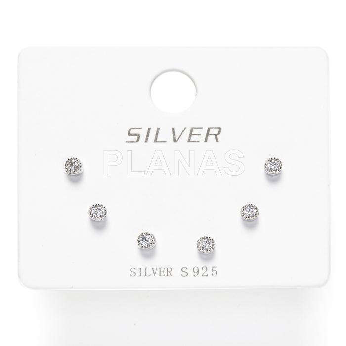 Display de 3pr de Pendientes en Plata de ley Rodiada y Circonitas.  