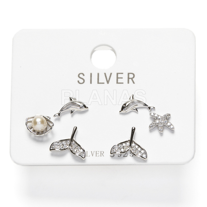 Display de 3pr de Pendientes en Plata de ley Rodiada y Circonitas. MOTIVOS MARINEROS 