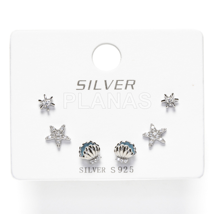 Display de 3pr de Pendientes en Plata de ley Rodiada y Circonitas. MOTIVOS MARINEROS 