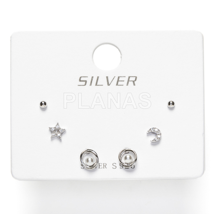 Display de 3pr de Pendientes en Plata de ley Rodiada y Circonitas.  ESTRELLA-LUNA