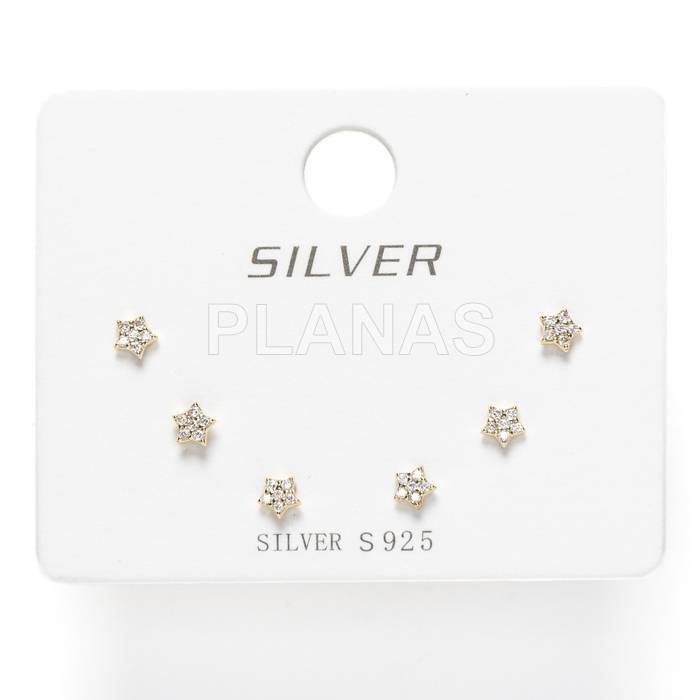 Display de 3pr de Pendientes en Plata de ley y Baño Oro con Circonitas.  ESTRELLAS.