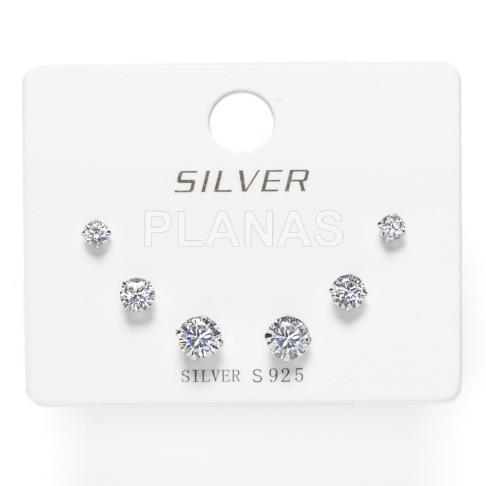Display de 3pr de Pendientes en Plata de ley Rodiada y Circonitas.   