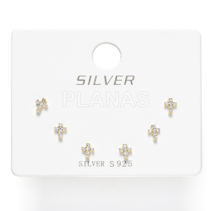 Display de 3pr de Pendientes en Plata de ley y Baño Oro con Circonitas.  CRUCES.