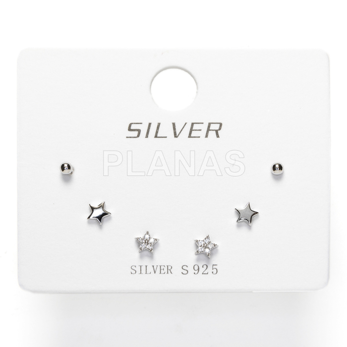 Display de 3pr de Pendientes en Plata de ley Rodiada y Circonitas. ESTRELLAS.  
