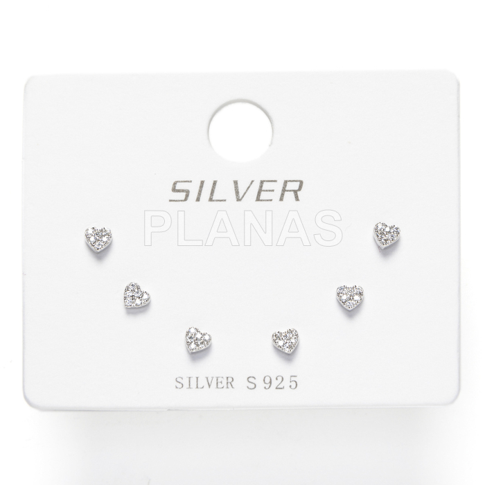Display de 3pr de Pendientes en Plata de ley Rodiada y Circonitas. CORAZONES.  