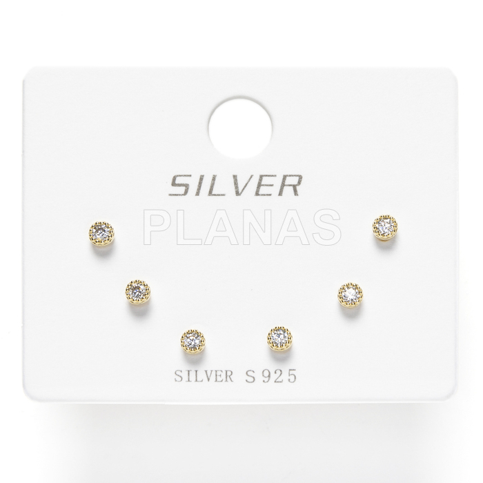Display de 3pr de Pendientes en Plata de ley y Baño Oro con Circonitas.   