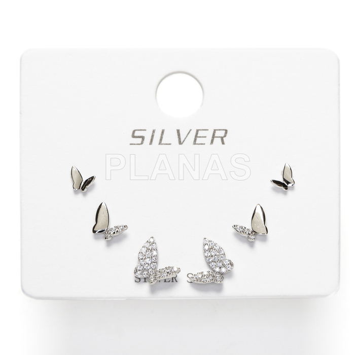 Display de 3pr de Pendientes en Plata de ley Rodiada y Circonitas. MARIPOSAS.  