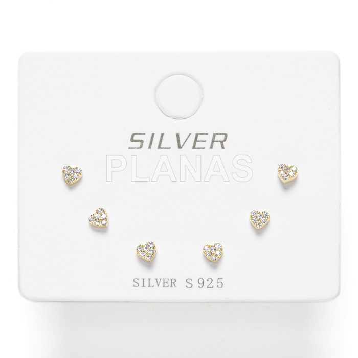 Display de 3pr de Pendientes en Plata de ley y Baño Oro con Circonitas.  CORAZONES.