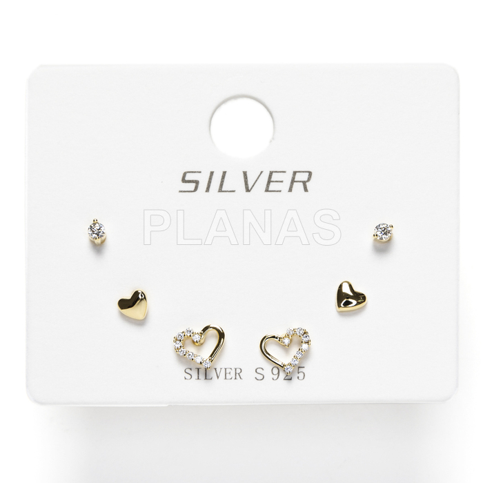 Display de 3pr de Pendientes en Plata de ley y Baño Oro con Circonitas.  CORAZONES.