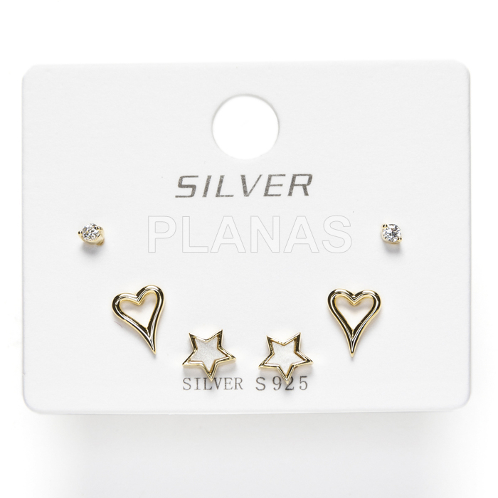 Display de 3pr de Pendientes en Plata de ley y Baño Oro con Circonitas.  CORAZONES/ESTRELLAS.