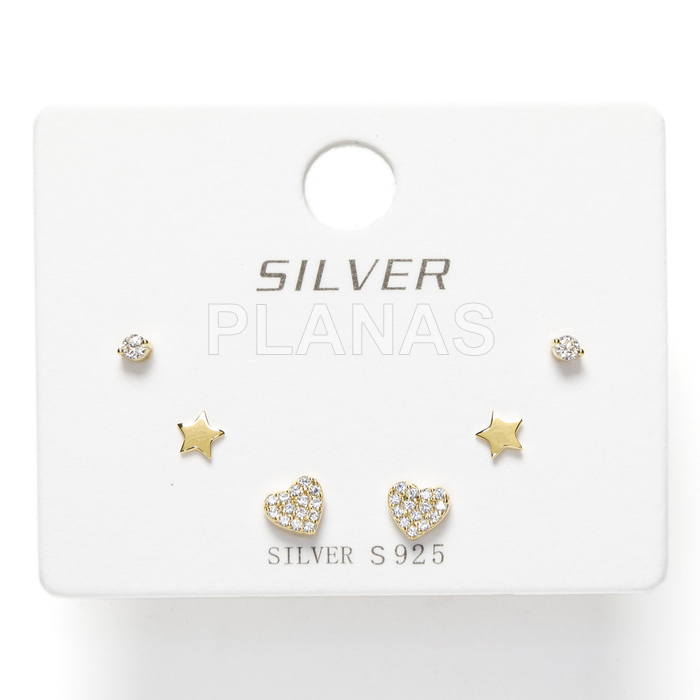 Display de 3pr de Pendientes en Plata de ley y Baño Oro con Circonitas.  CORAZONES/ESTRELLAS.