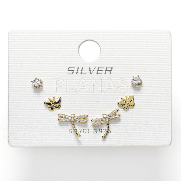 Display de 3pr de Pendientes en Plata de ley Rodiada y Circonitas. LIBELULA/MARIPOSA/ESTRELLA.  