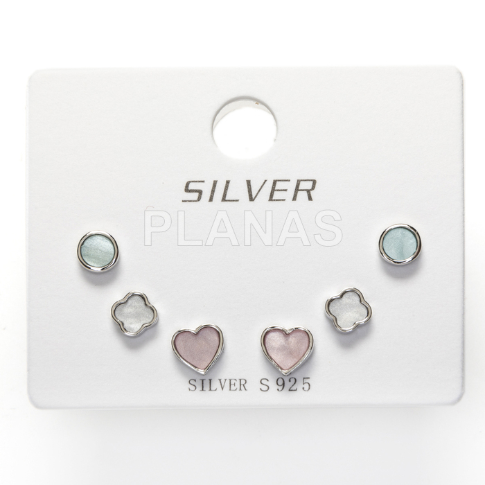 Display de 3pr de Pendientes en Plata de ley Rodiada y Nacar. CORAZON/FLOR/CIRCULO.  