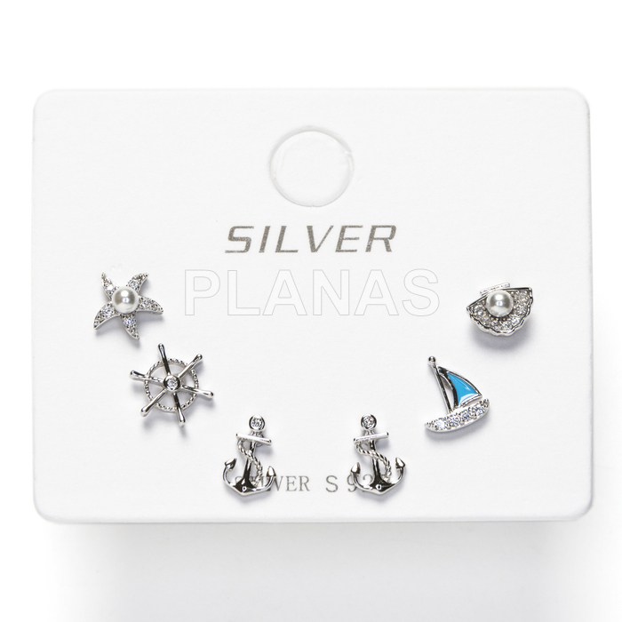 Display de 3pr de Pendientes en Plata de ley Rodiada y Circonitas. MOTIVOS MARINEROS.  