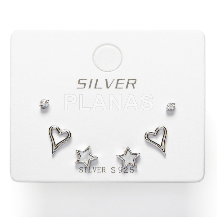 Display de 3pr de Pendientes en Plata de ley Rodiada y Circonitas. CORAZONES/ESTRELLAS.  