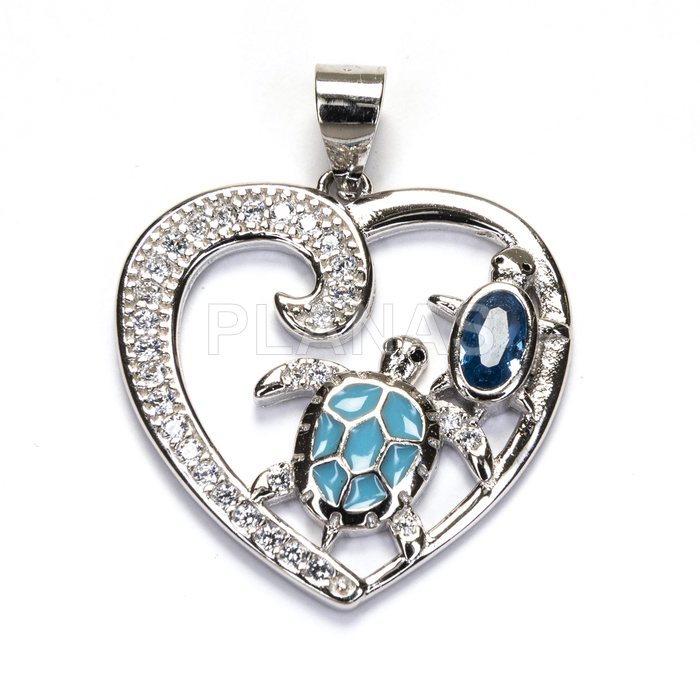 Colgante en Plata de ley Rodiada y Circonitas. CORAZÓN Y TORTUGAS.