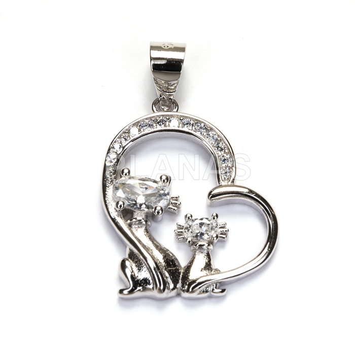 Colgante en Plata de ley Rodiada y Circonitas. CORAZÓN Y GATOS.
