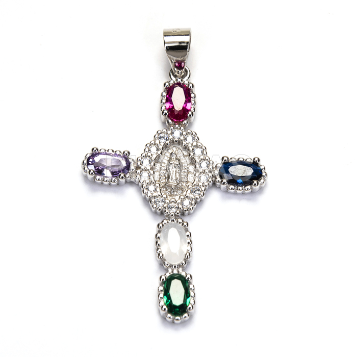 Colgante en Plata de ley Rodiada y Circonitas de colores. CRUZ.