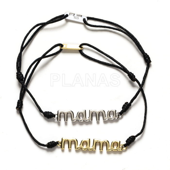 Pulsera macramé en Plata de ley y cordón en negro.MAMA.