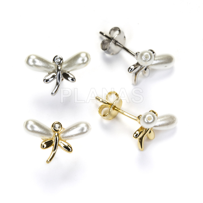 Pendientes en Plata de ley con Perla y Circonita Blanca. LIBELULA.