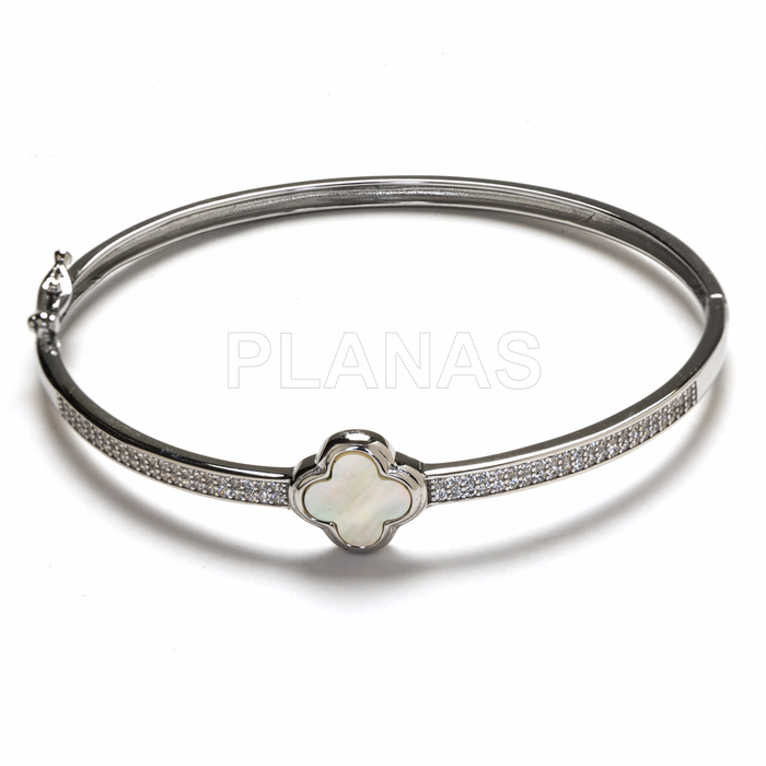 Pulsera Rigida en Plata de ley Rodiada con Circonitas y Nacar.  