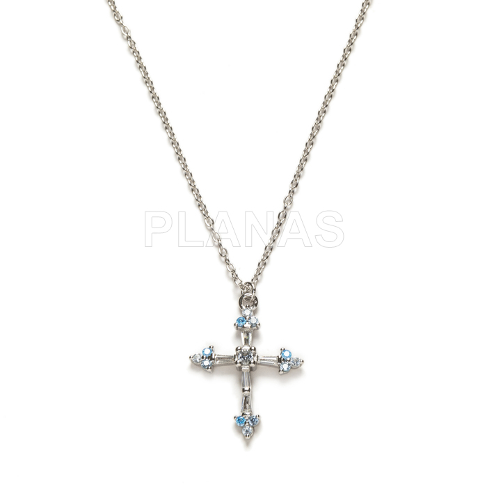 Colgante en Plata de ley rodiada y Circonitas azules. CRUZ.