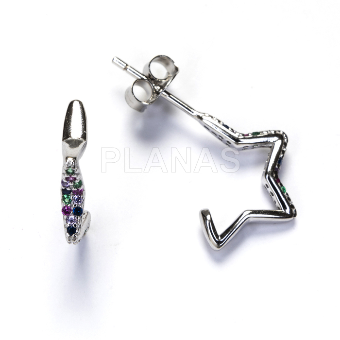 Pendientes en plata de ley rodiada y Circonitas de Colores.  ESTRELLA.