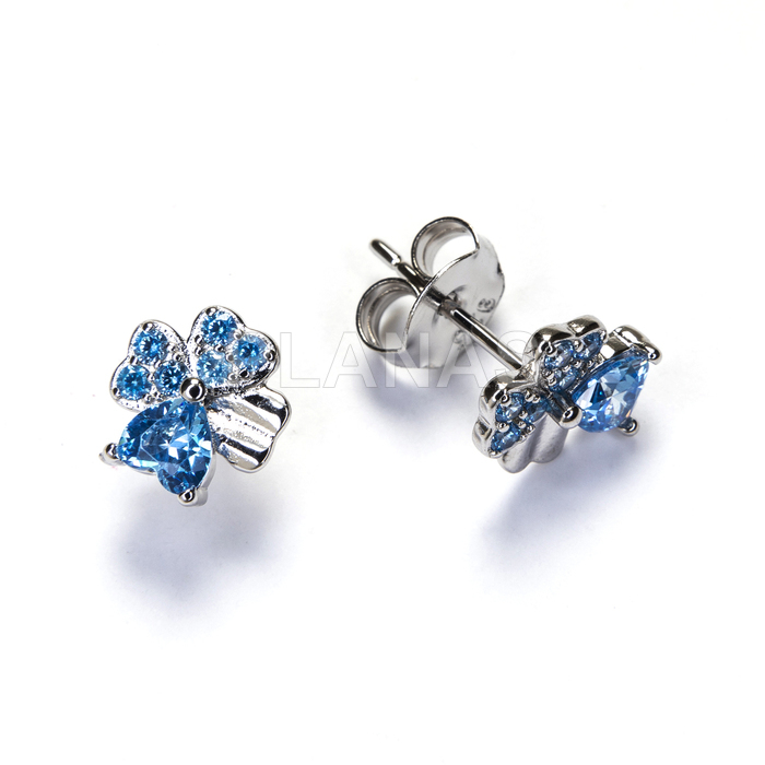 Pendientes en plata de ley rodiada y Circonitas Azules.  TREBOL.