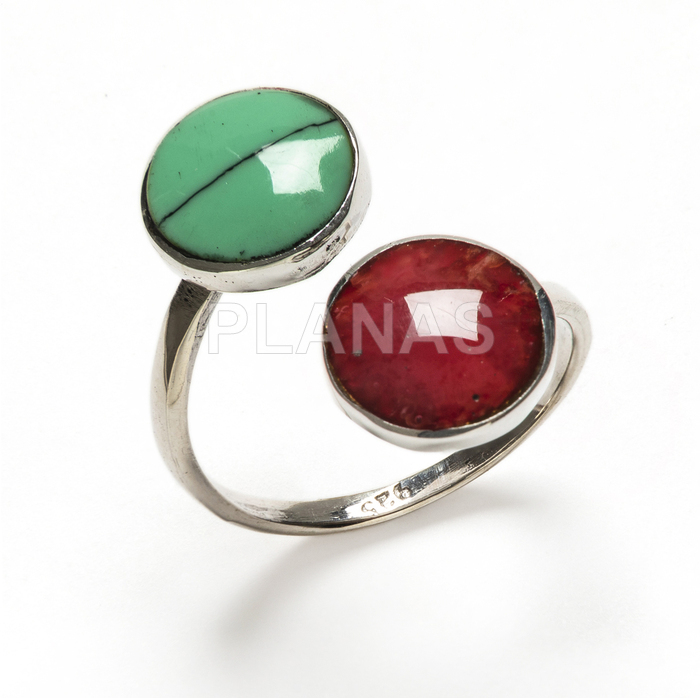 Anillo en Plata de ley con Coral y Turquesa.