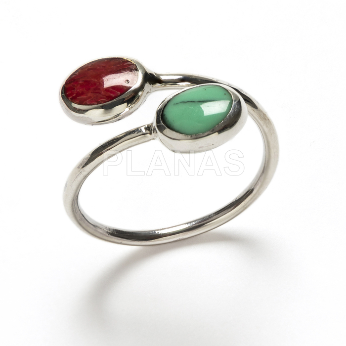 Anillo en Plata de ley con Coral y Turquesa.