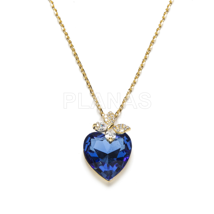 Collar en Plata de ley y baño oro con circonita azul. CORAZÓN.