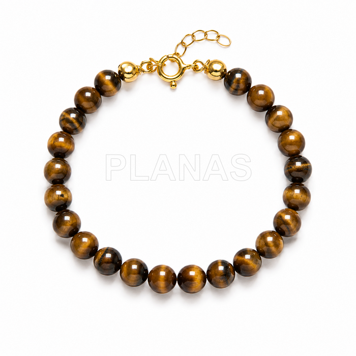 Pulseira de prata esterlina e banhada a ouro com olho de tigre de 6 mm.