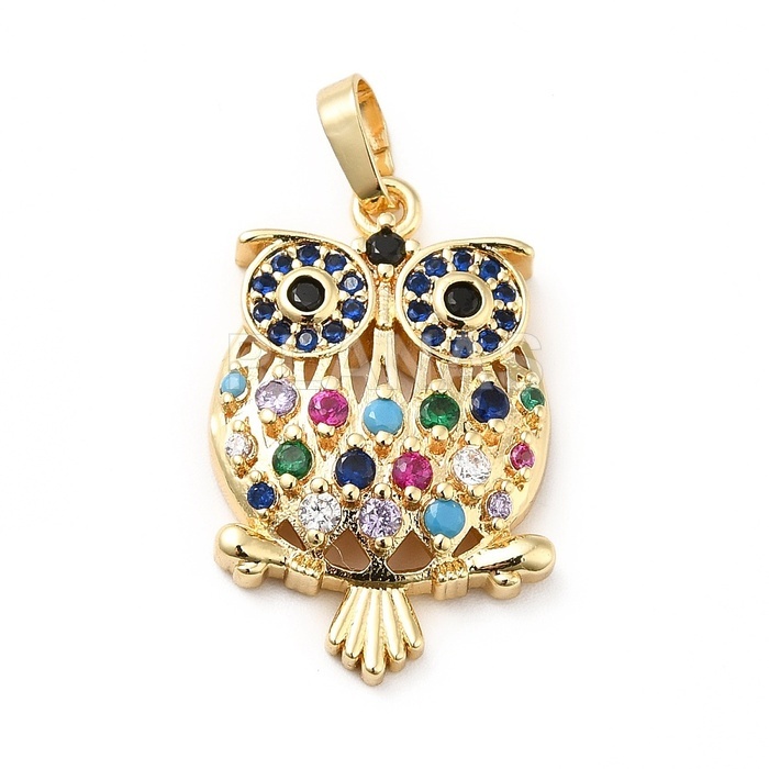 Colgante de latón Chapado oro 18k con circonitas de colores . BUHO. 