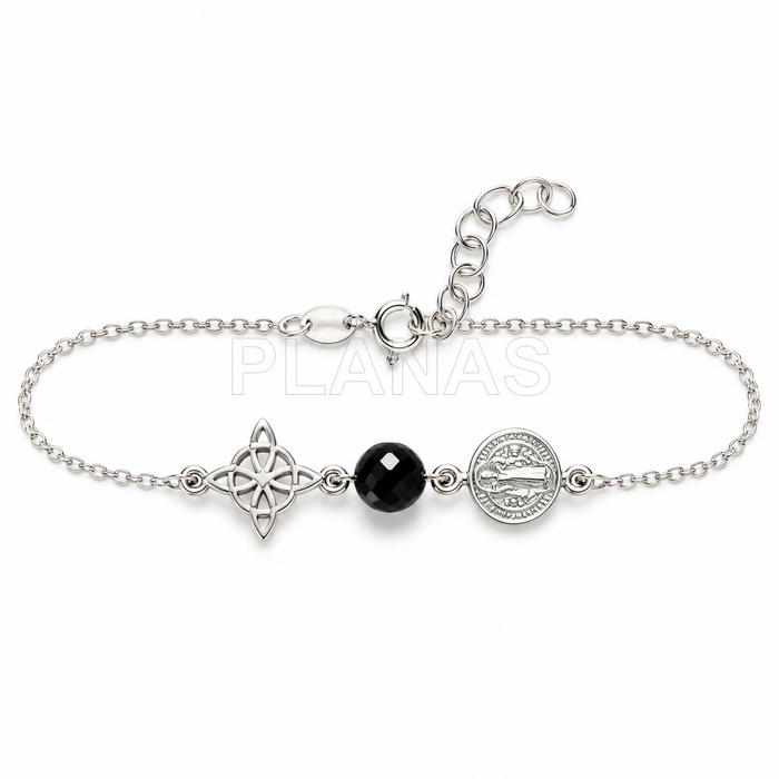 Pulsera en Plata de ley, San Benito, nudo de brujas y Onix. TRIPLE PROTECCIÓN.
