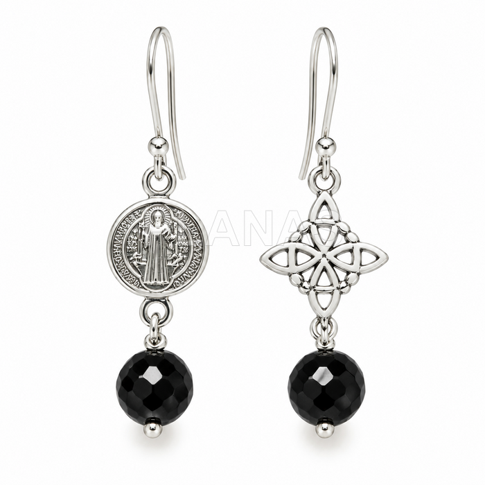 Pendientes en Plata de ley, San Benito, nudo de brujas y Onix. TRIPLE PROTECCIÓN.